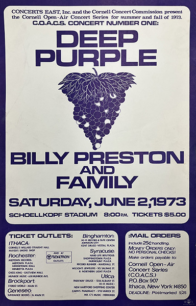 1973-06-12 Deep Purple and Billy Preston concert poster found in Cornell's rare and manuscript collection, Kroch Library at Cornell